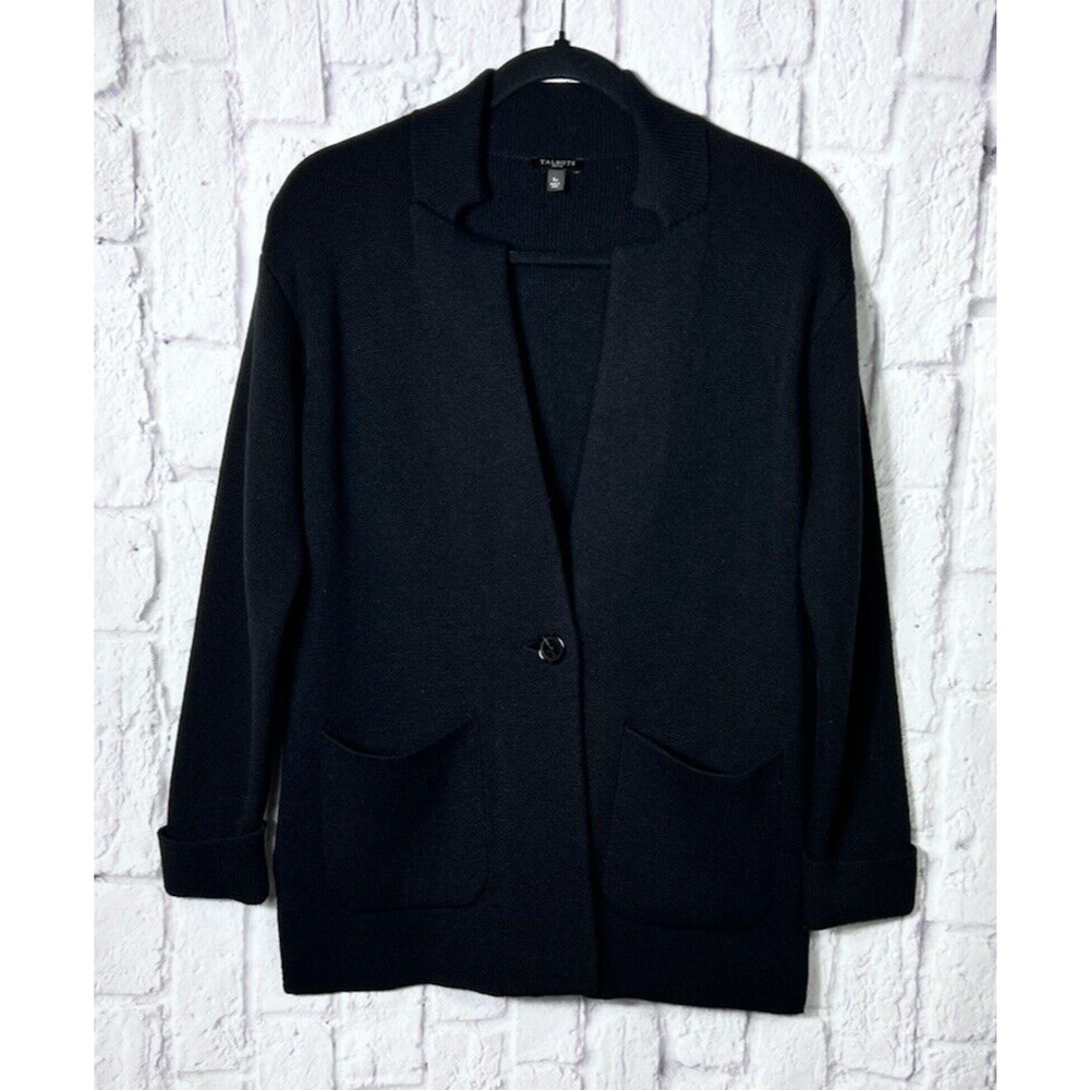 TALBOTS Sweater Womens Mid Length Cardigan Heavy Knit Black Long Sleeve Size PS